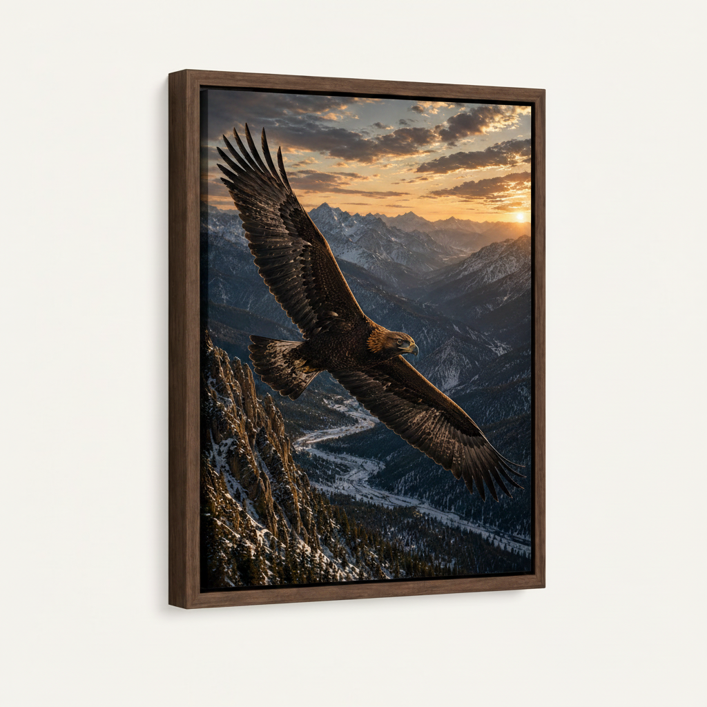Framed eagle canvas print dark walnut float frame product mockup white background