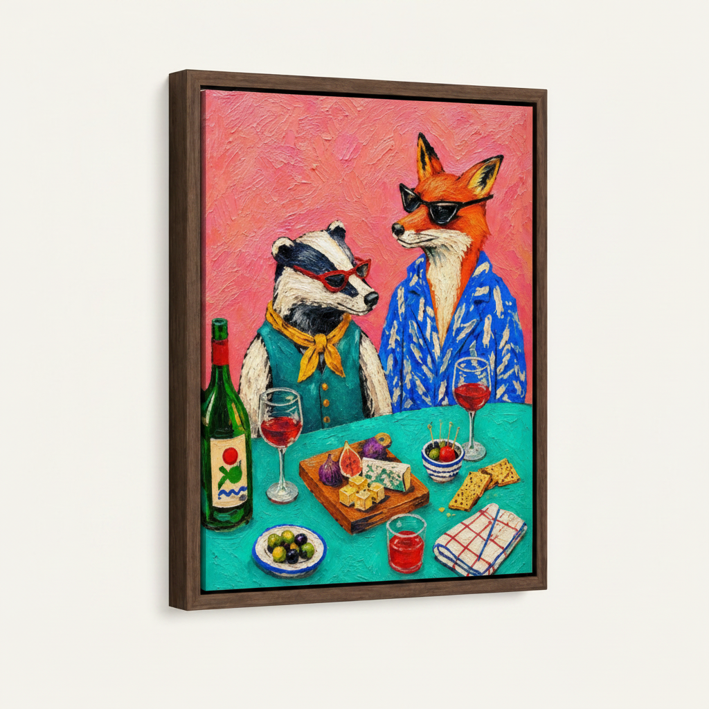 Whimsical animal oil painting in dark walnut float frame product shot on white background