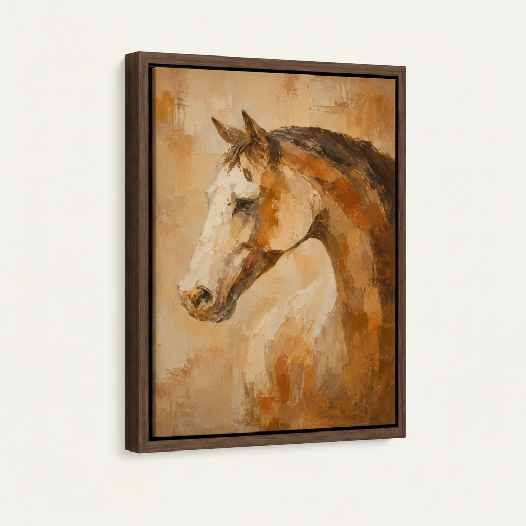 Framed chestnut horse canvas in dark walnut float frame product mockup on cream background