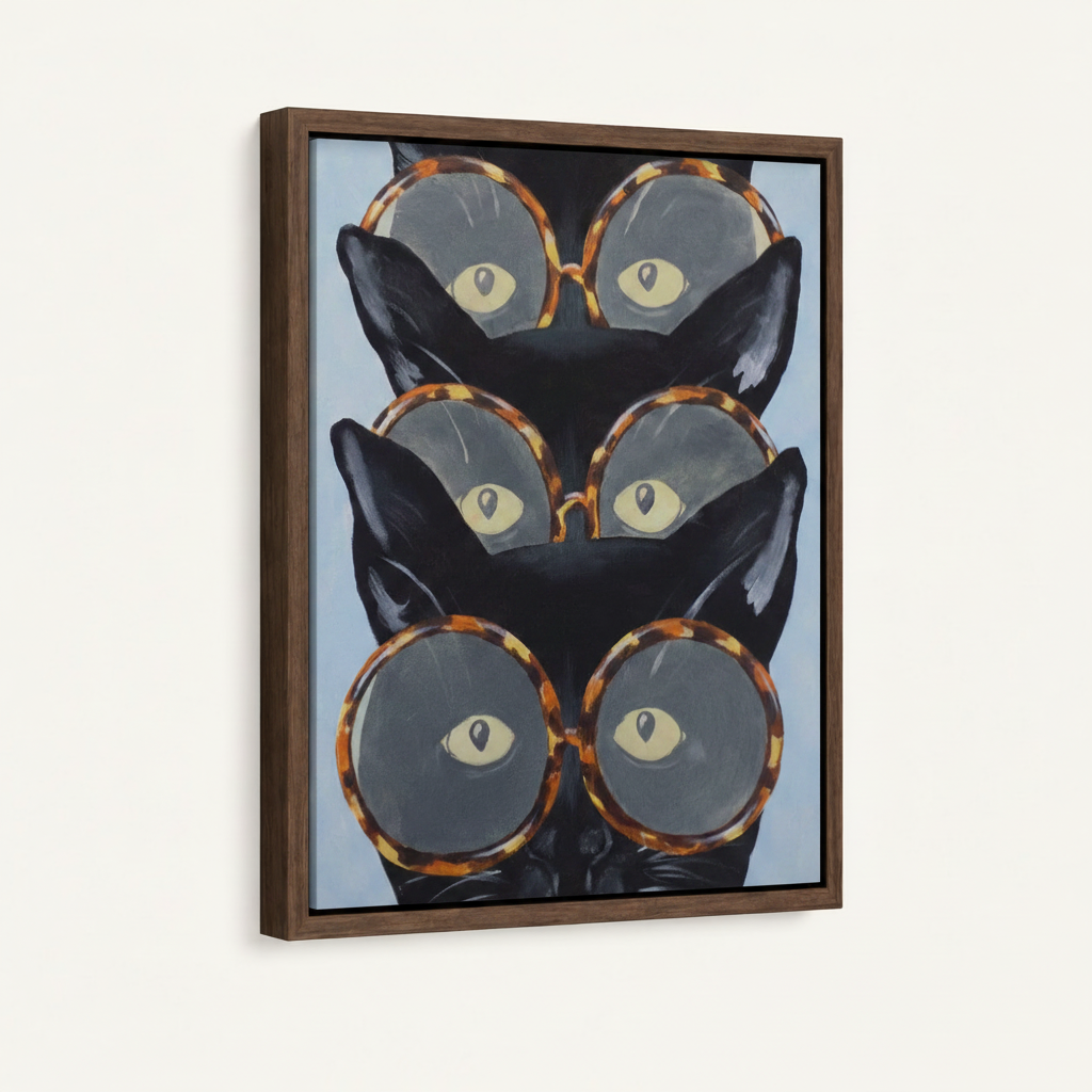 Float frame canvas art print of black cats with tortoiseshell glasses, dark walnut frame