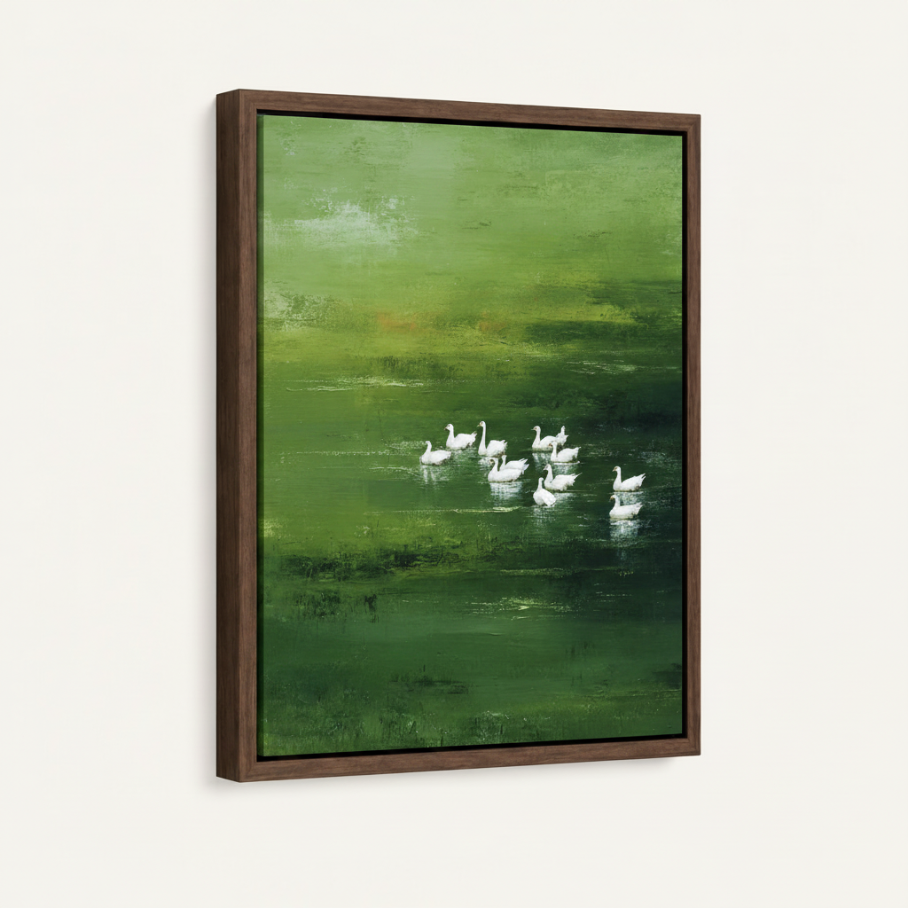 White geese green lake art print in dark walnut float frame with shadow gap on clean white background