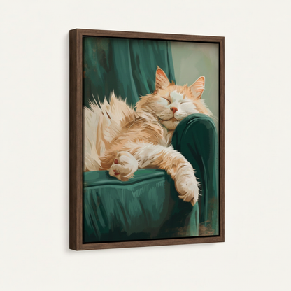 Float frame canvas print featuring sleeping orange cat wall art in dark walnut frame, angled view