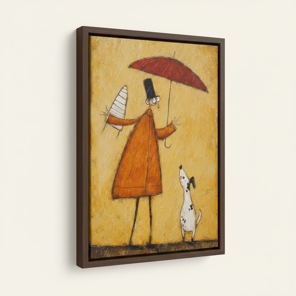 Float frame canvas print of whimsical folk art man and dog scene, dark walnut frame, studio product shot