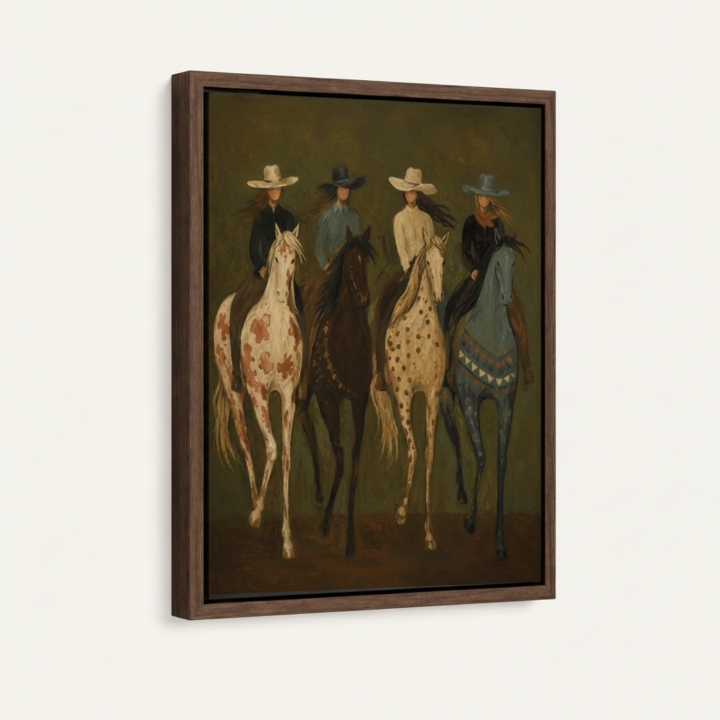 Float frame canvas print of cowgirl riders in americana western art style, dark walnut frame, angled view