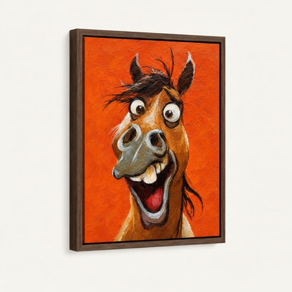 Framed horse portrait canvas in dark walnut float frame, angled product view