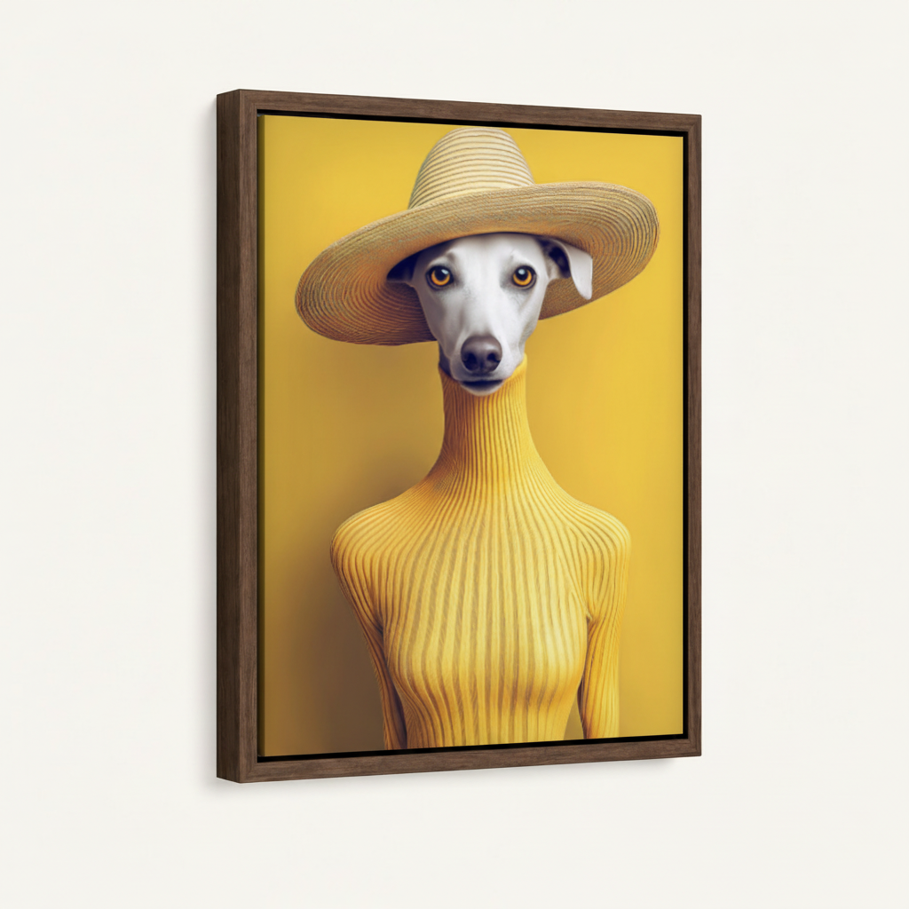 Framed whimsical greyhound portrait wall art in dark walnut float frame product display