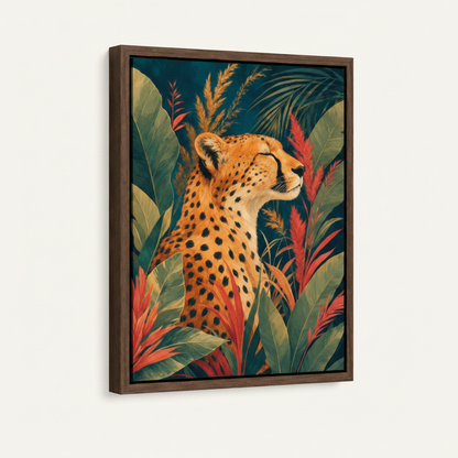 Float frame canvas print with cheetah wildlife art in dark walnut frame, angled studio view