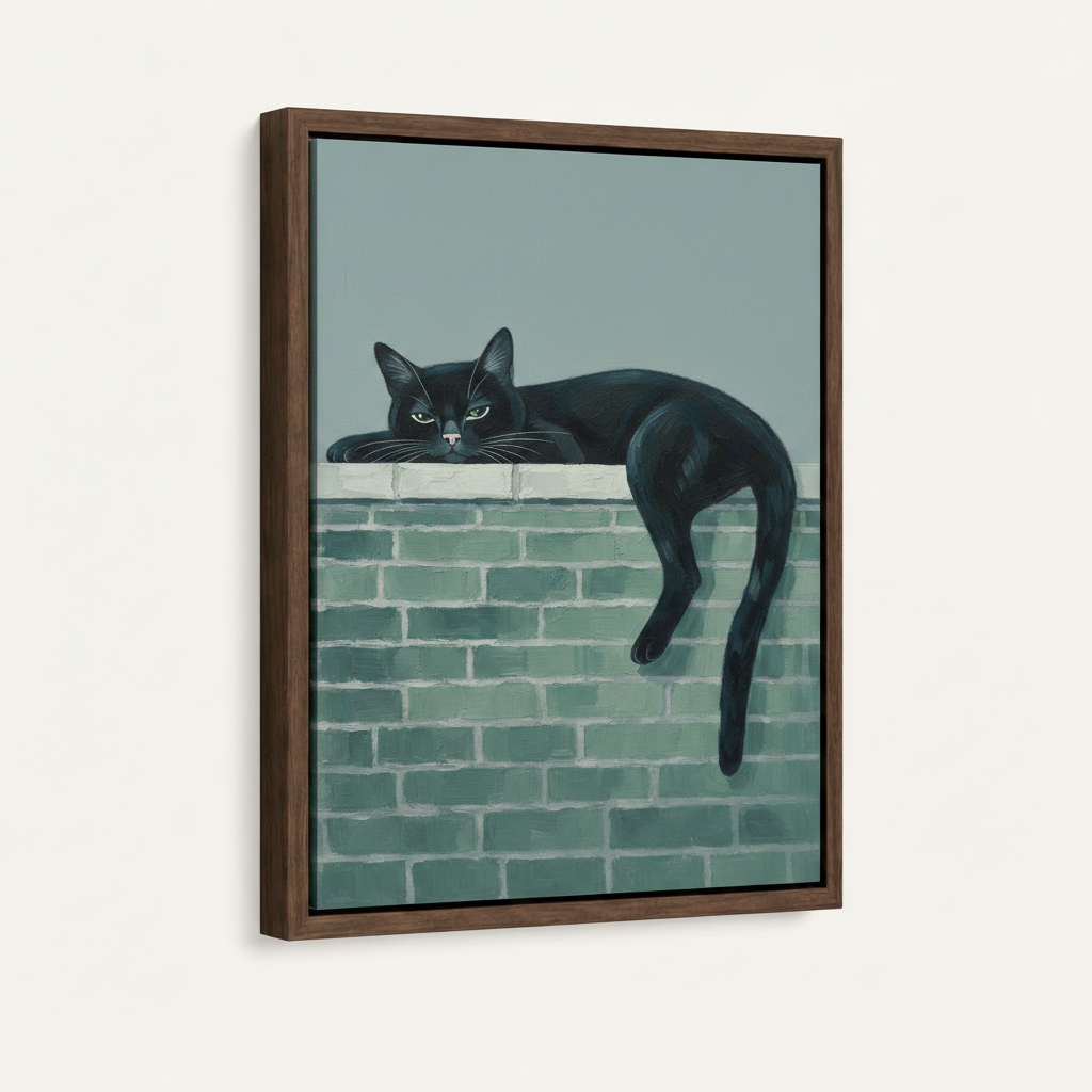 Float frame canvas print featuring black cat wall art in cool teal tones, dark walnut frame, angled view