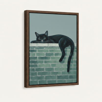 Float frame canvas print featuring black cat wall art in cool teal tones, dark walnut frame, angled view