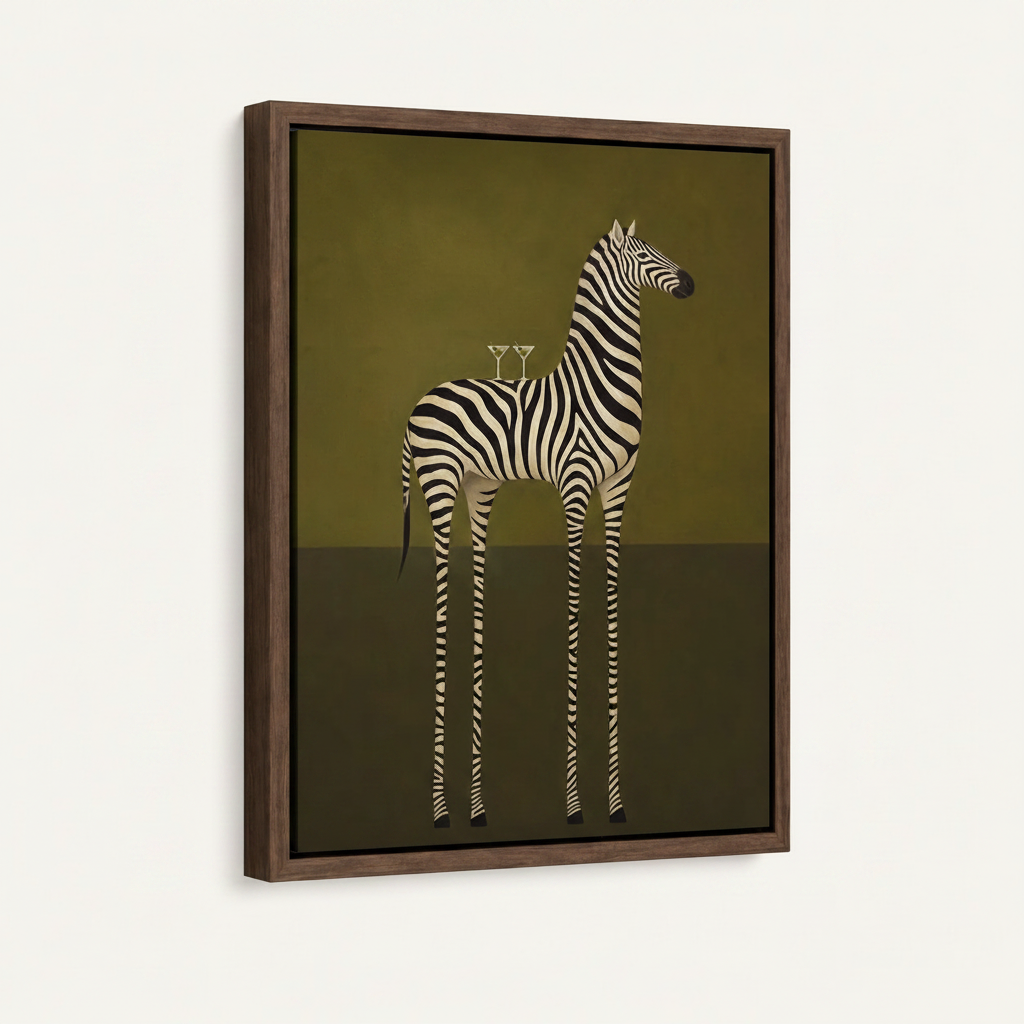 Zebra mid-century art print in dark walnut float frame mounted on off-white wall, side angle