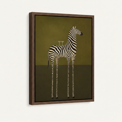 Zebra mid-century art print in dark walnut float frame mounted on off-white wall, side angle