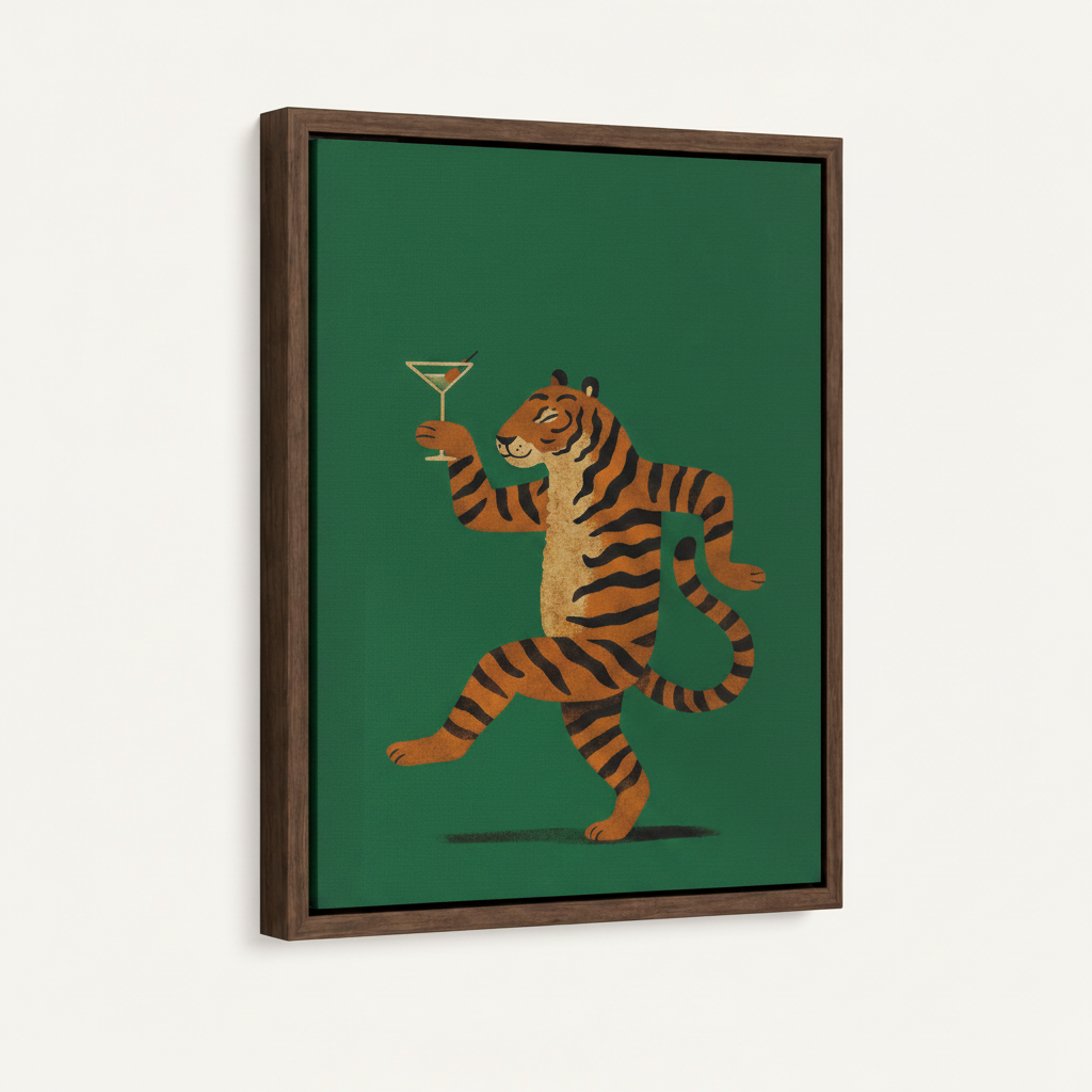 Float frame canvas print featuring a retro striped tiger holding a cocktail glass, studio product shot