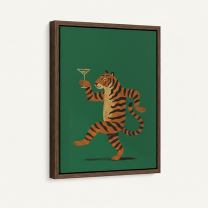 Float frame canvas print featuring a retro striped tiger holding a cocktail glass, studio product shot
