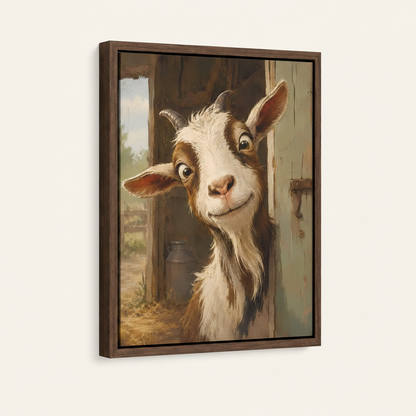 Float frame canvas print featuring smiling barn goat oil painting, dark walnut frame, angled product view