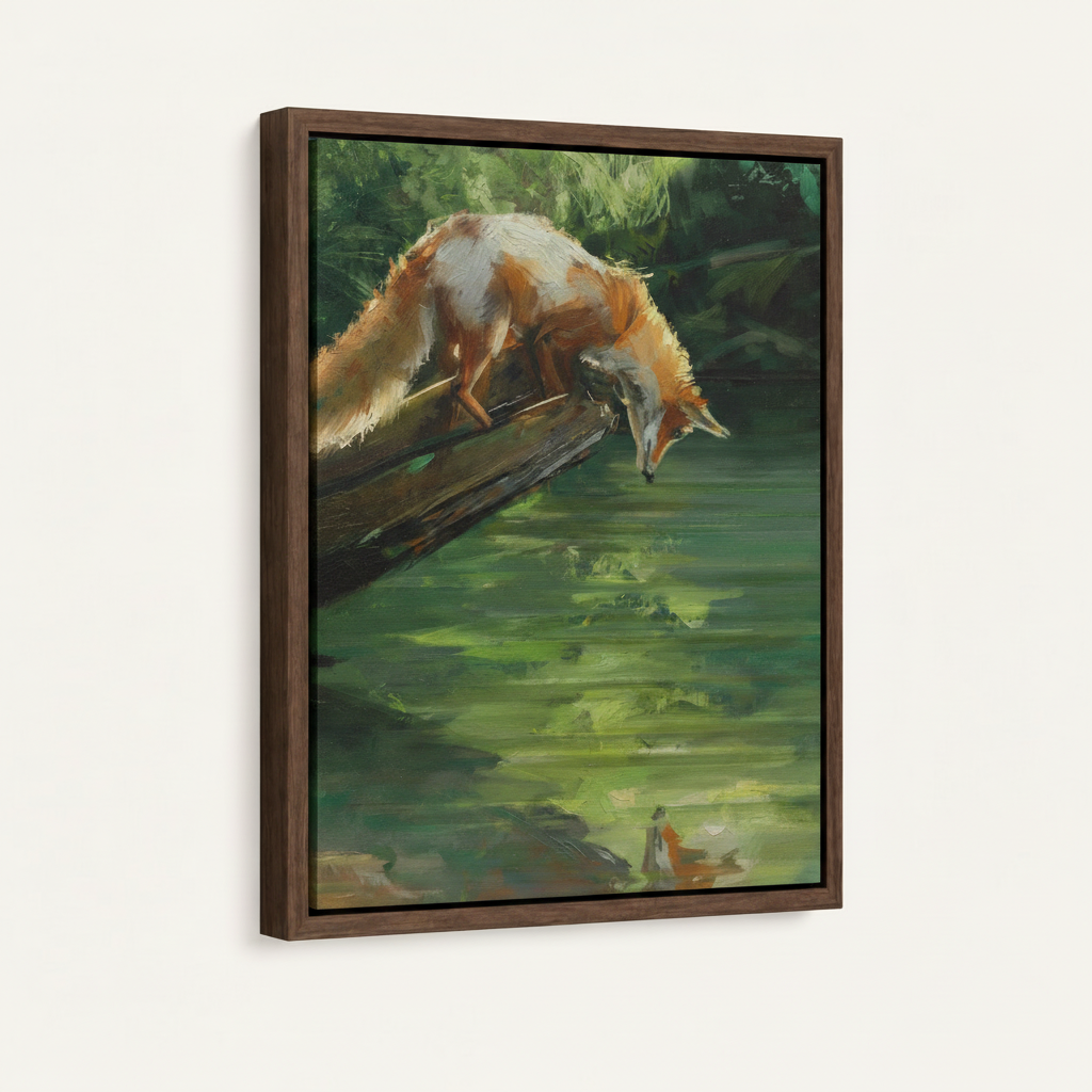 Realistic red fox reflection painting in dark walnut float frame at three-quarter angle on cream background