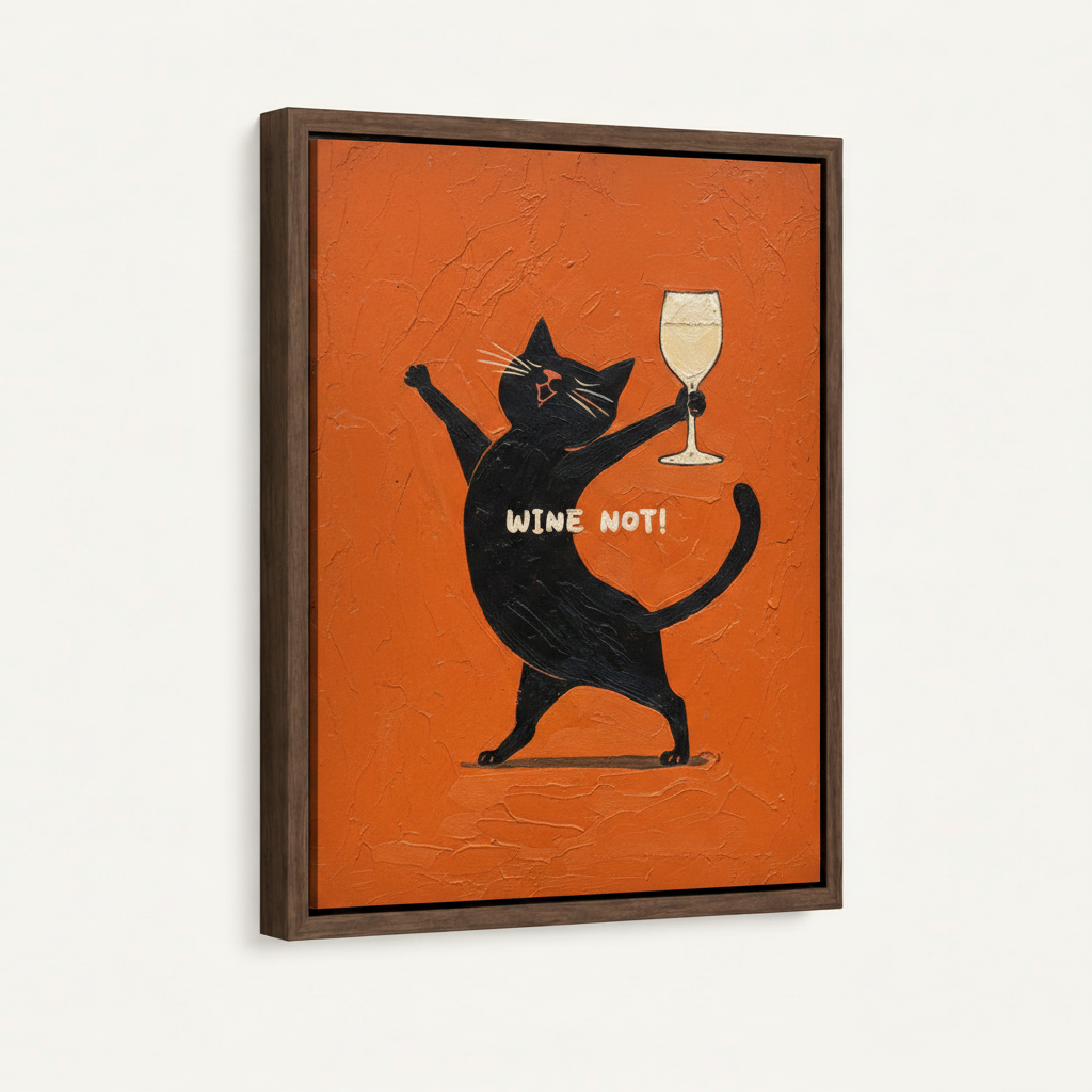Bold black cat wine art print in dark walnut float frame on white background