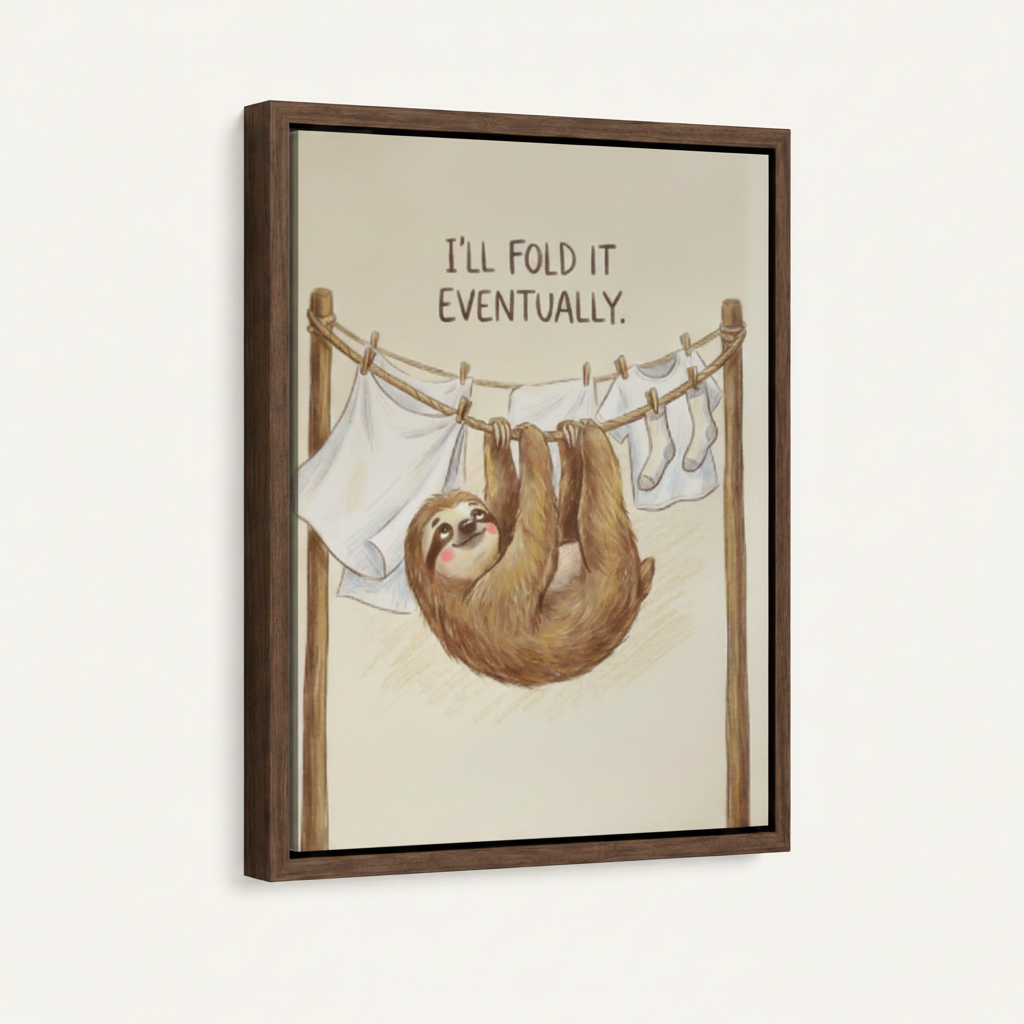 Sloth I'll Fold It Eventually canvas print in dark walnut float frame with shadow gap on white wall
