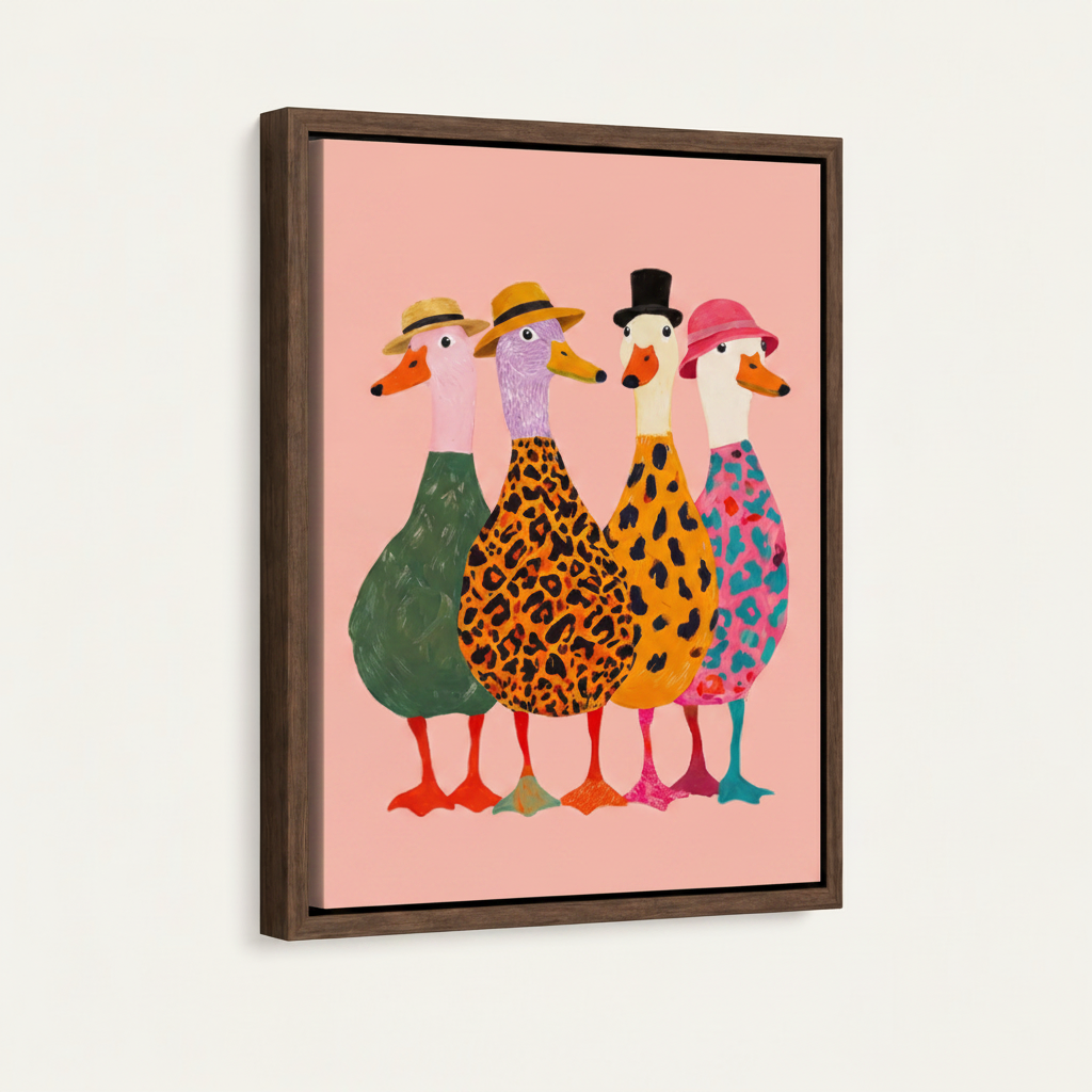 Float frame canvas print featuring bold folk art ducks in colorful patterned outfits, dark walnut frame, studio shot