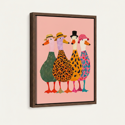 Float frame canvas print featuring bold folk art ducks in colorful patterned outfits, dark walnut frame, studio shot
