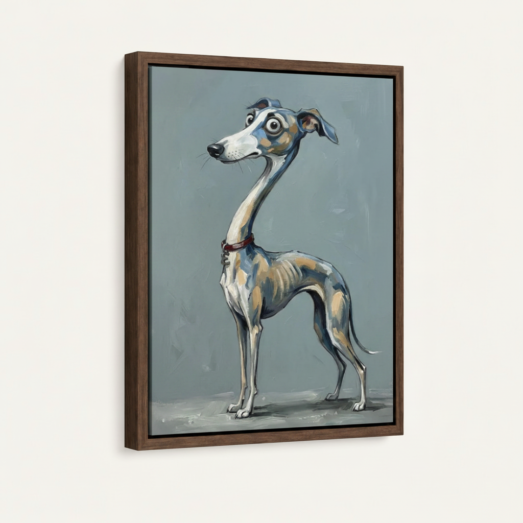 Whimsical greyhound painting in dark walnut float frame displayed at an angle on clean background