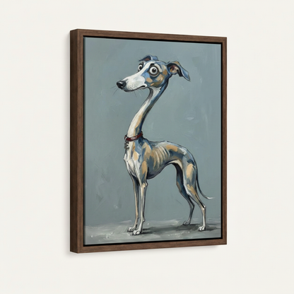 Whimsical greyhound painting in dark walnut float frame displayed at an angle on clean background