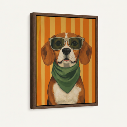 Cool dog sunglasses pop art canvas in dark walnut float frame on white background