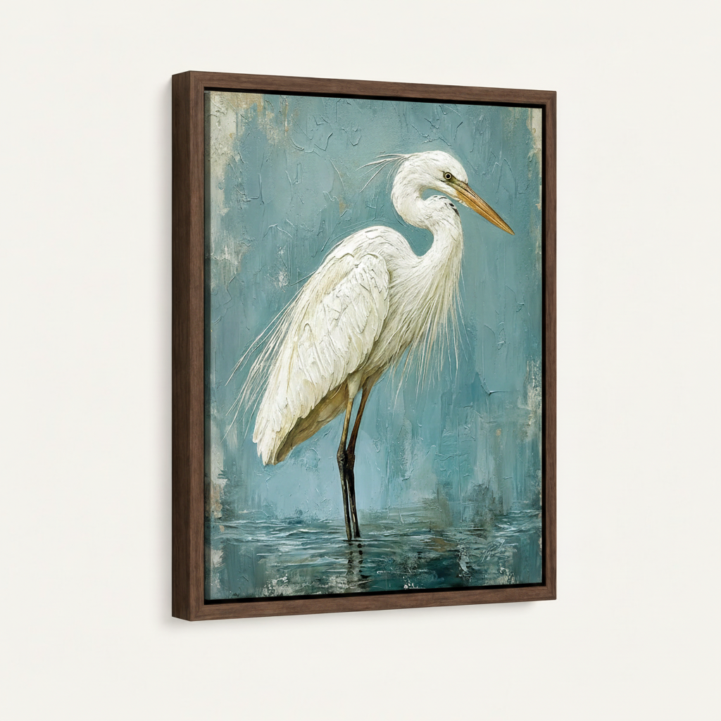 White egret oil painting in dark walnut float frame, angled product shot on clean off-white background