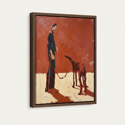Expressive dog walking painting in dark walnut float frame at three-quarter angle on cream background