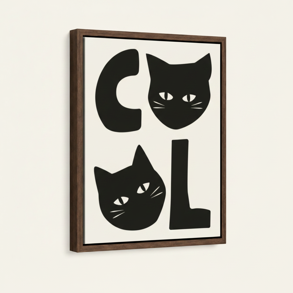 Black white cat art print in walnut float frame on white background