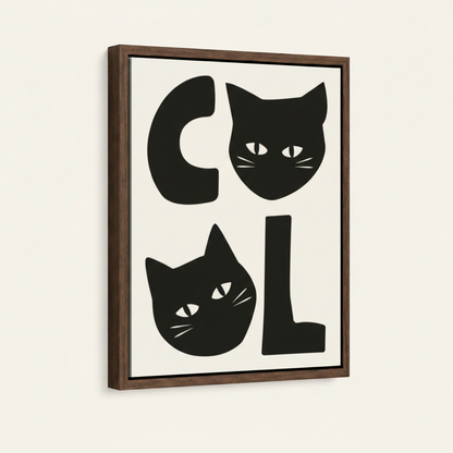 Black white cat art print in walnut float frame on white background