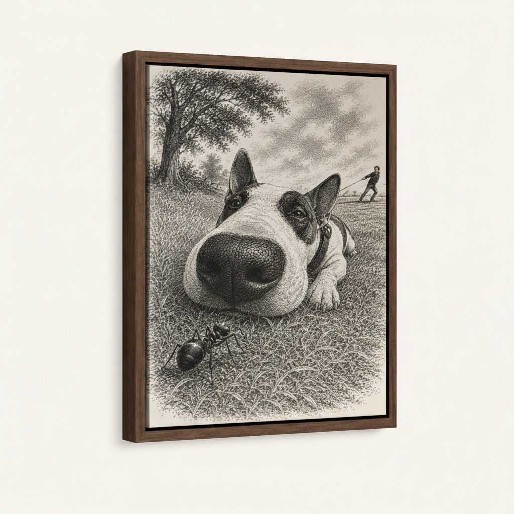 Vintage dog engraving art print in dark walnut float frame with shadow gap on white wall