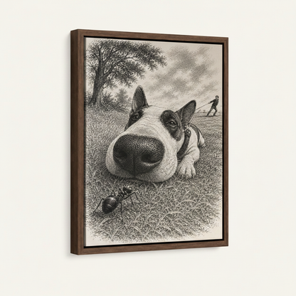 Vintage dog engraving art print in dark walnut float frame with shadow gap on white wall