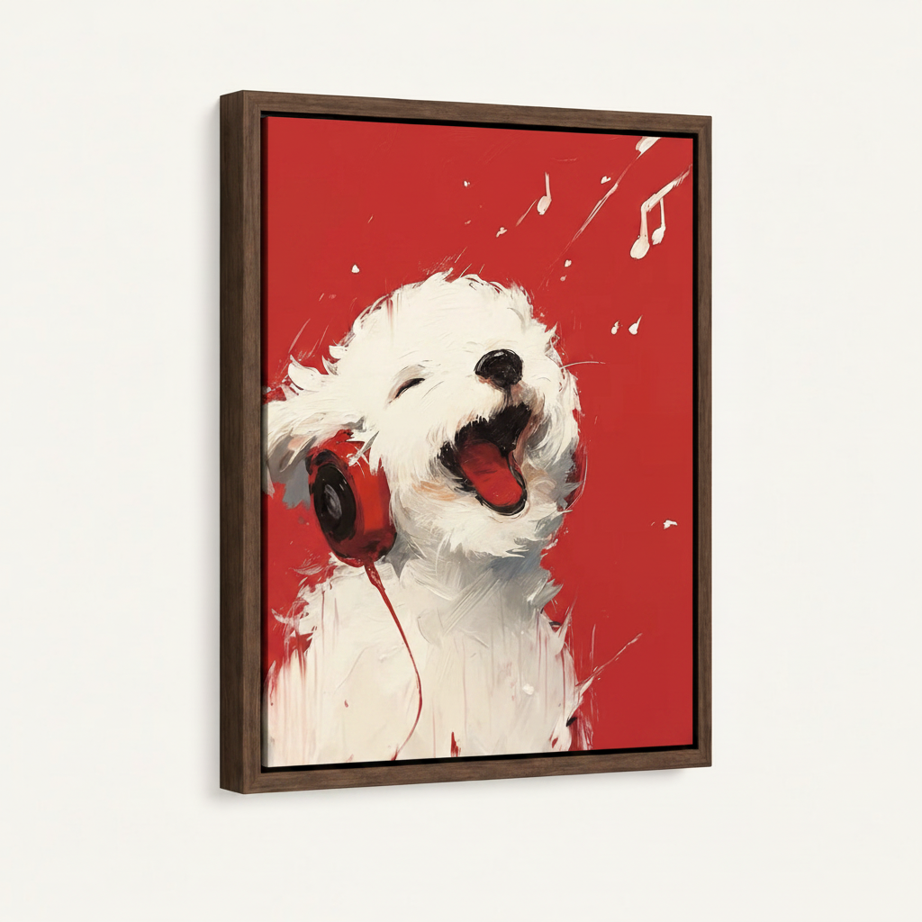 Funny dog with red headphones canvas in dark walnut float frame at three-quarter angle on cream background