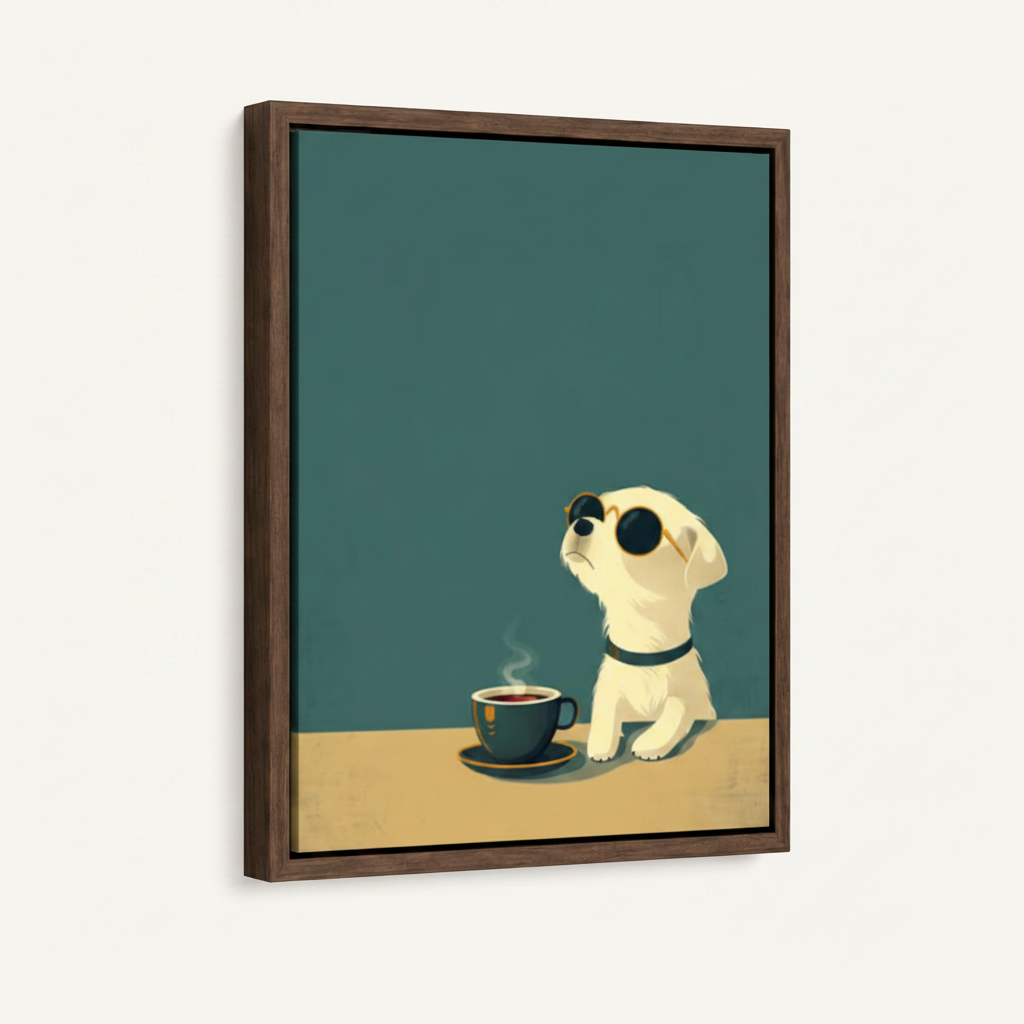 Framed canvas close-up of white puppy in sunglasses sitting beside a steaming coffee cup