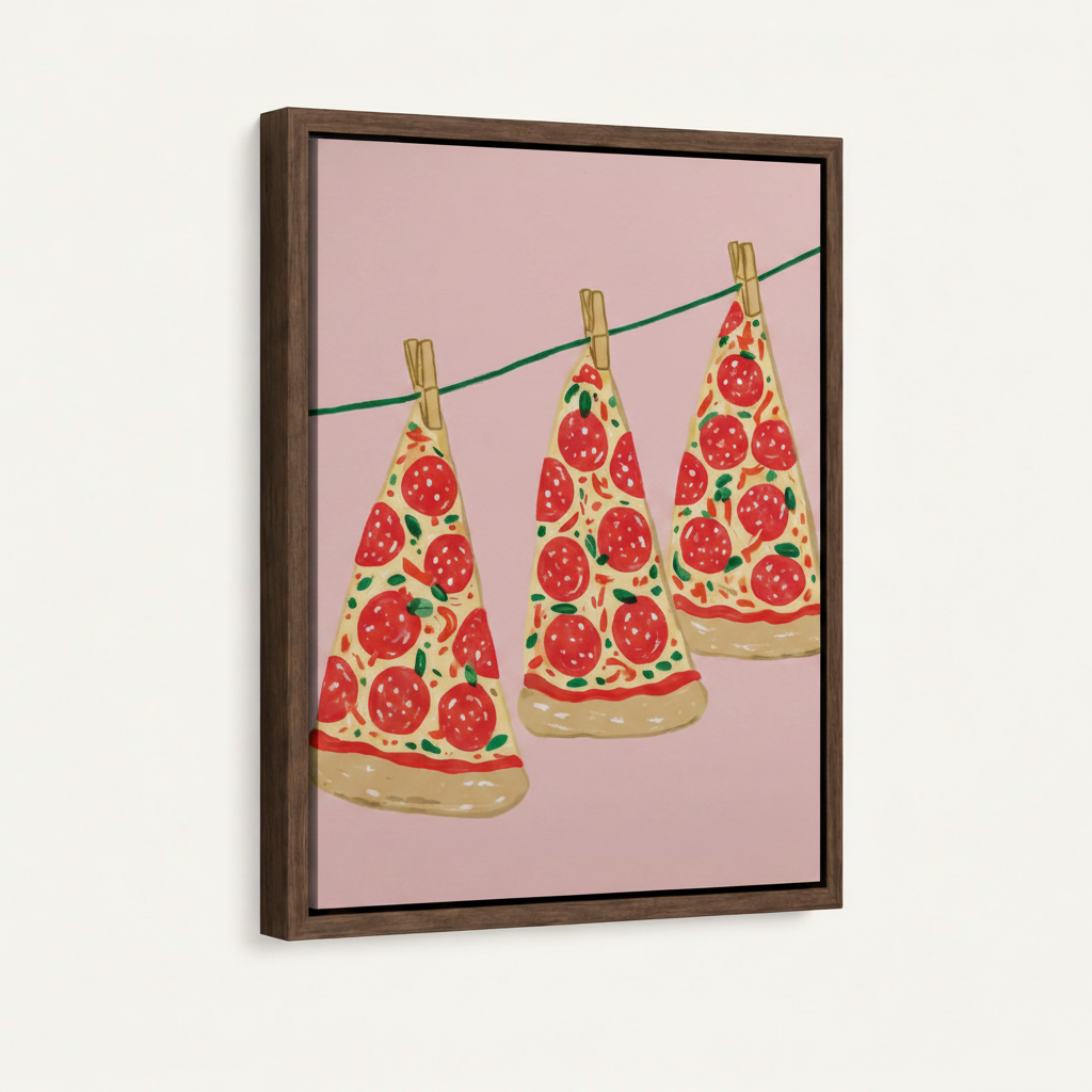 Float frame canvas with pizza clothesline illustration, dark walnut frame, angled product view
