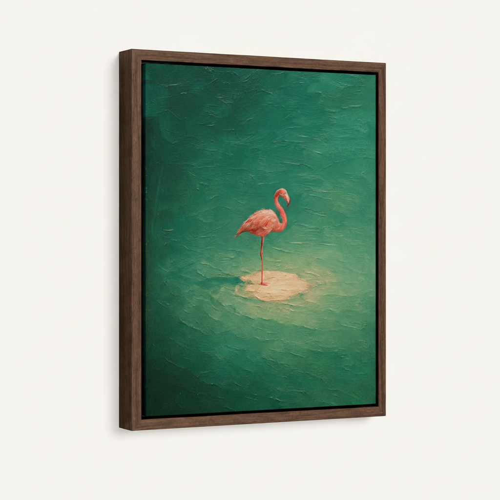 Flamingo oil painting in dark walnut float frame, product studio photo three-quarter angle on white background