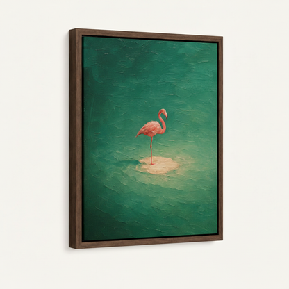 Flamingo oil painting in dark walnut float frame, product studio photo three-quarter angle on white background