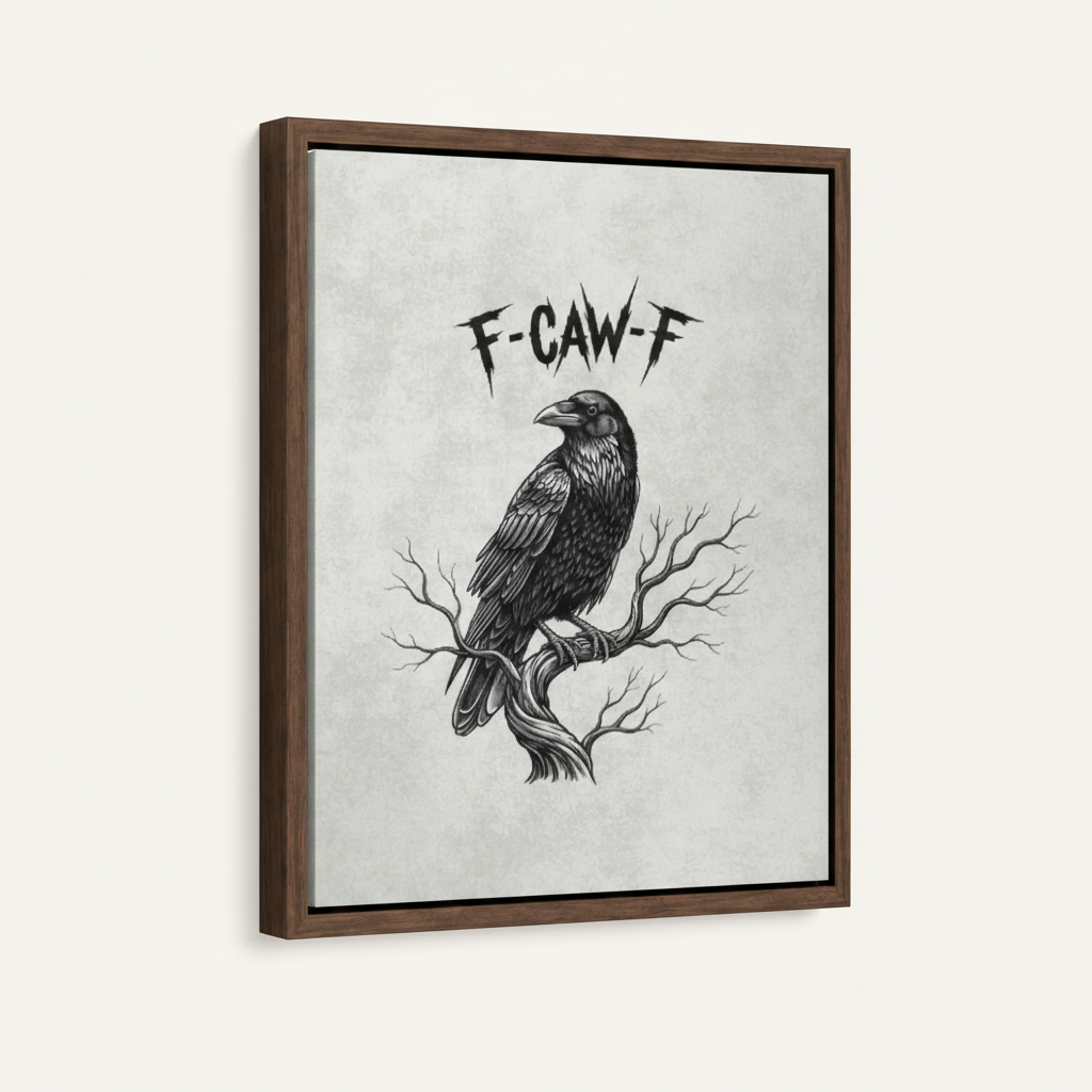 F-CAW-F raven art print in dark walnut float frame with shadow gap shown on clean white background