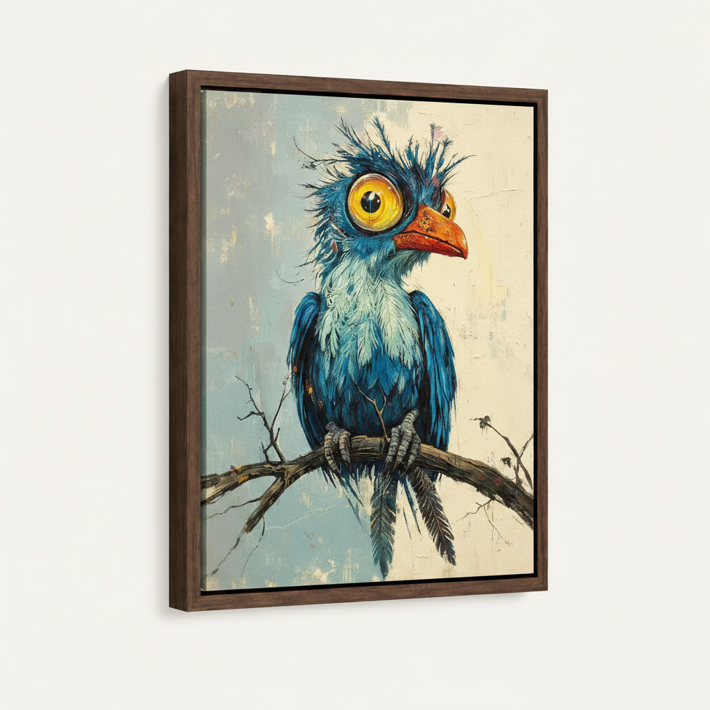 Expressive blue bird painting in dark walnut float frame at three-quarter angle on cream background