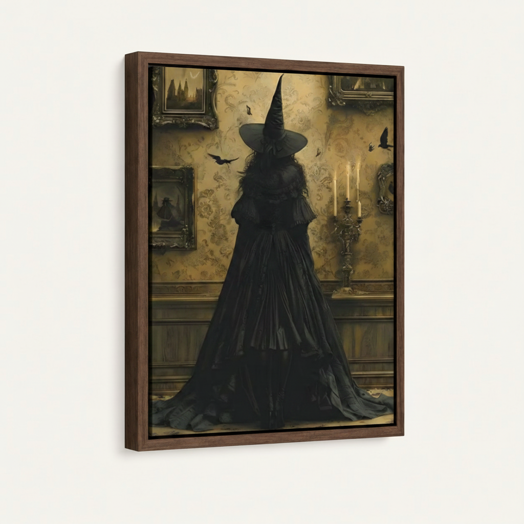 Dark academia canvas in walnut float frame displayed at an angle on clean background
