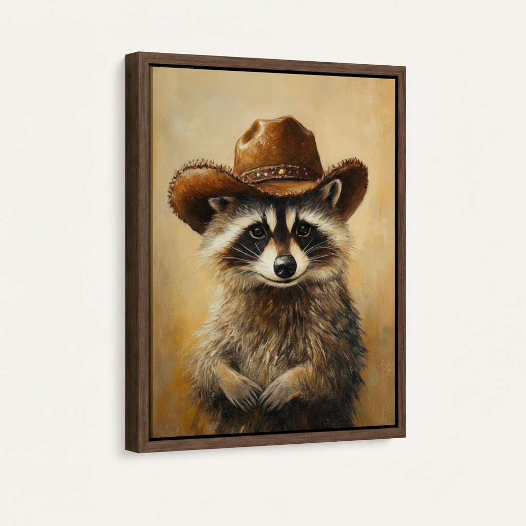 Float frame canvas print featuring a charming cowboy raccoon portrait, dark walnut frame, studio product shot