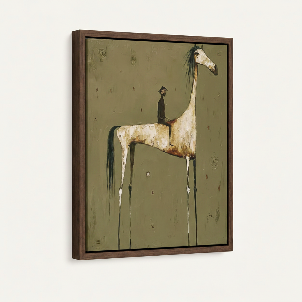  Expressionist horse and rider painting in dark walnut float frame at three-quarter angle on cream background