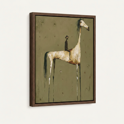  Expressionist horse and rider painting in dark walnut float frame at three-quarter angle on cream background