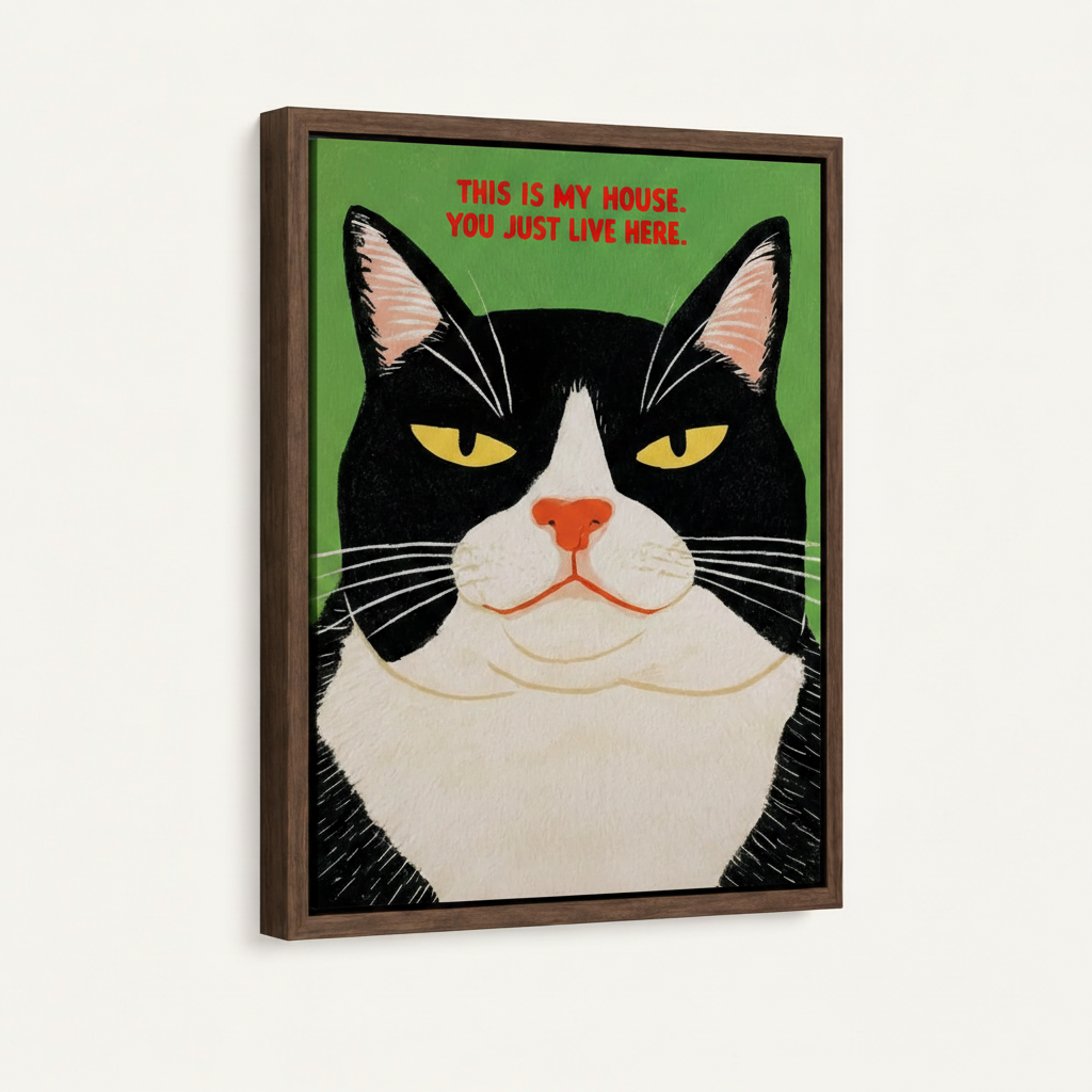 Gallery wrapped funny cat canvas print showing tuxedo cat with cheeky quote, three-quarter view