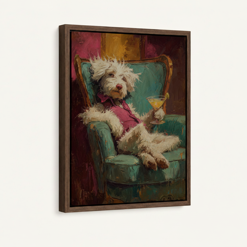 Funny dog martini whimsical oil painting in dark walnut float frame on white background