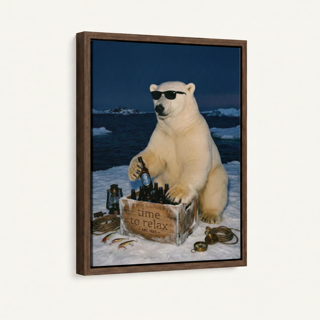 Funny polar bear art print in dark walnut float frame with narrow shadow gap on clean white wall