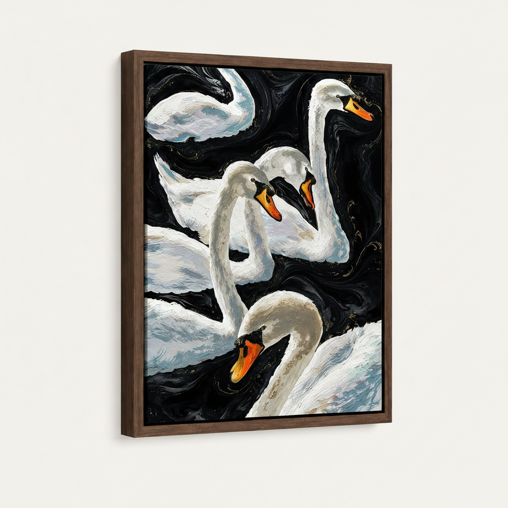 White swan oil painting in dark walnut float frame at three-quarter side angle on cream background