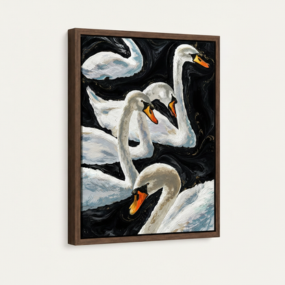 White swan oil painting in dark walnut float frame at three-quarter side angle on cream background