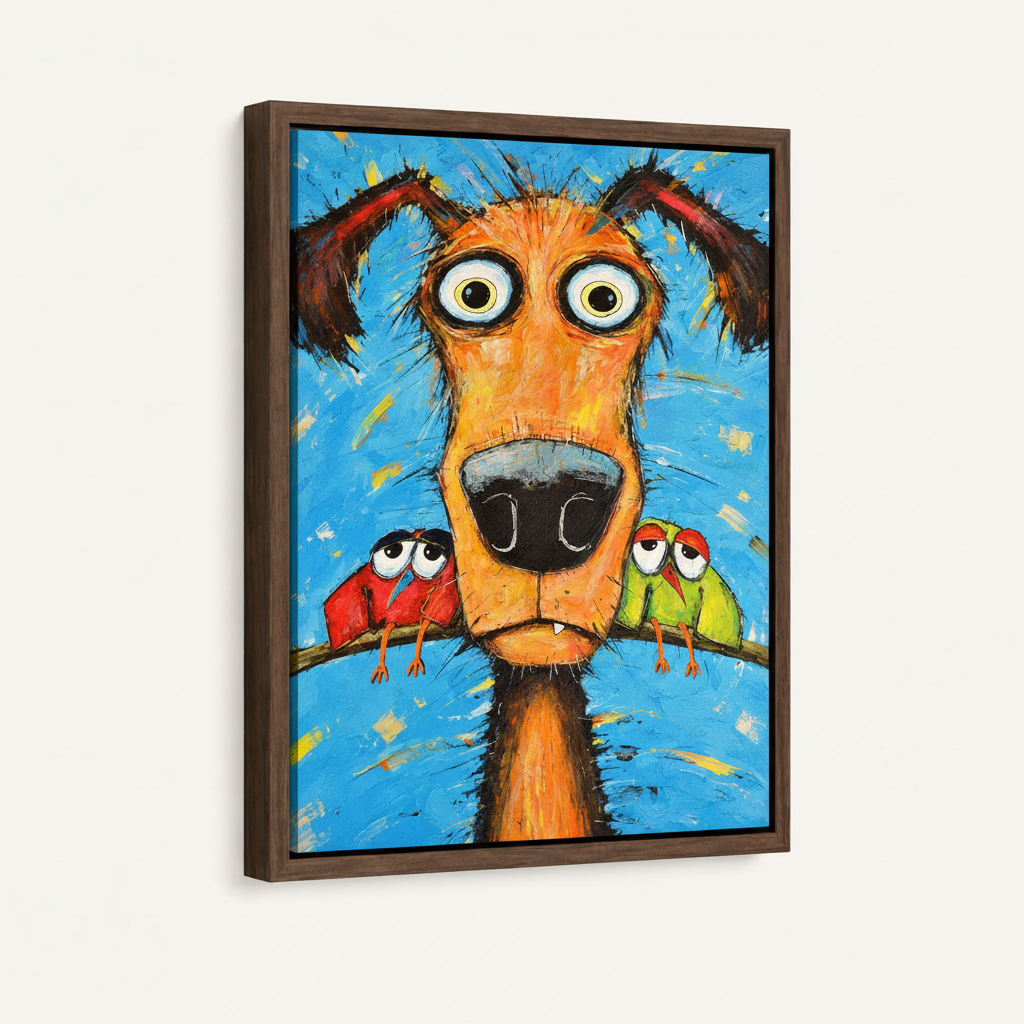 Funny dog and birds oil painting in dark walnut float frame, 45-degree product view, white background