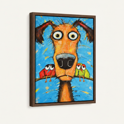 Funny dog and birds oil painting in dark walnut float frame, 45-degree product view, white background